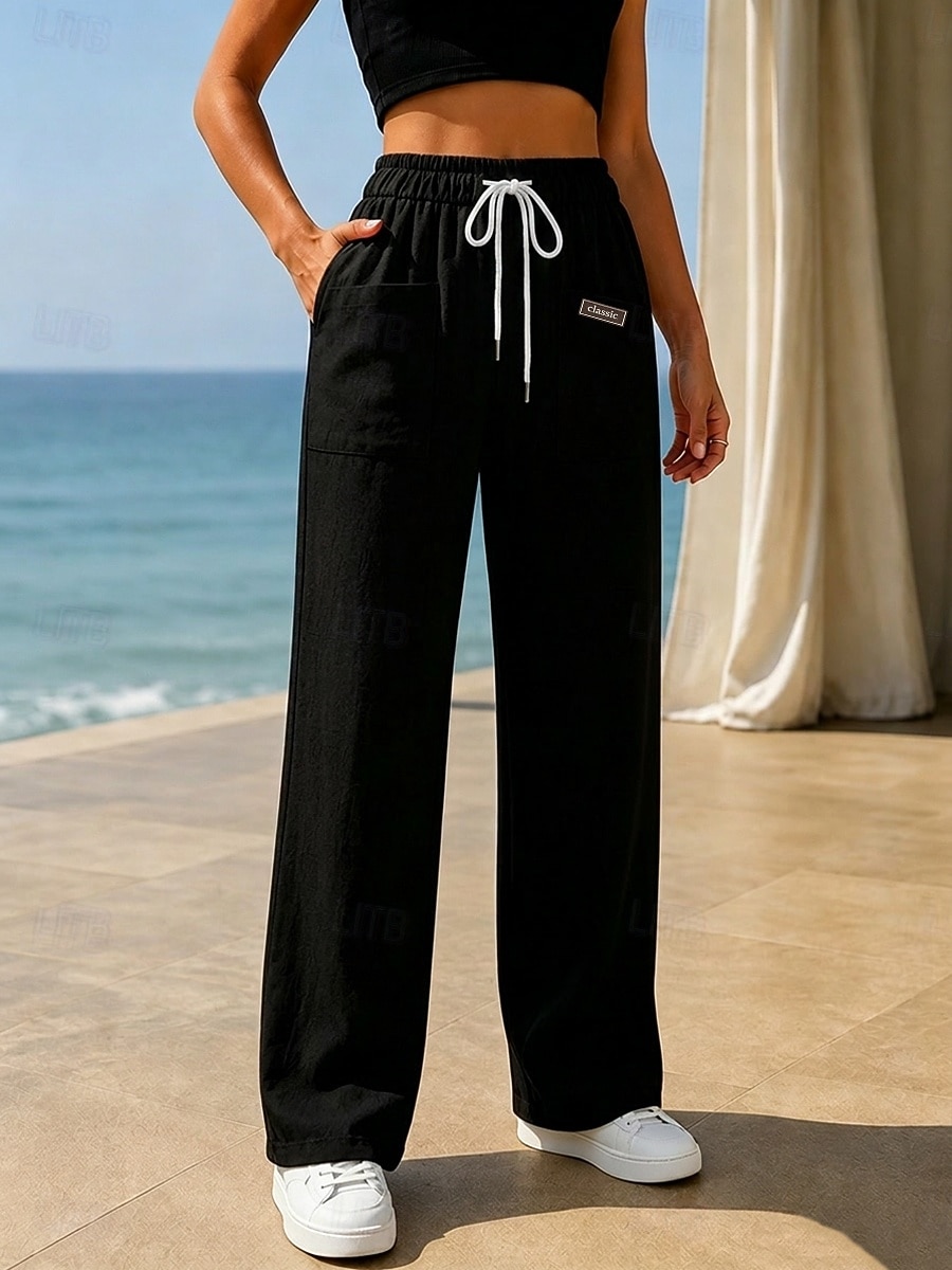 Damen Hose aus Baumwollleinen Hose Freizeithose Sommerhose Urlaub Mode Streetwear Volle Länge Mittlere Taille Einfach Tasche Elastischer Bund Komfort Bequem Atmungsaktiv Unelastisch Täglich Urlaub 2026 - $10.99 –P2