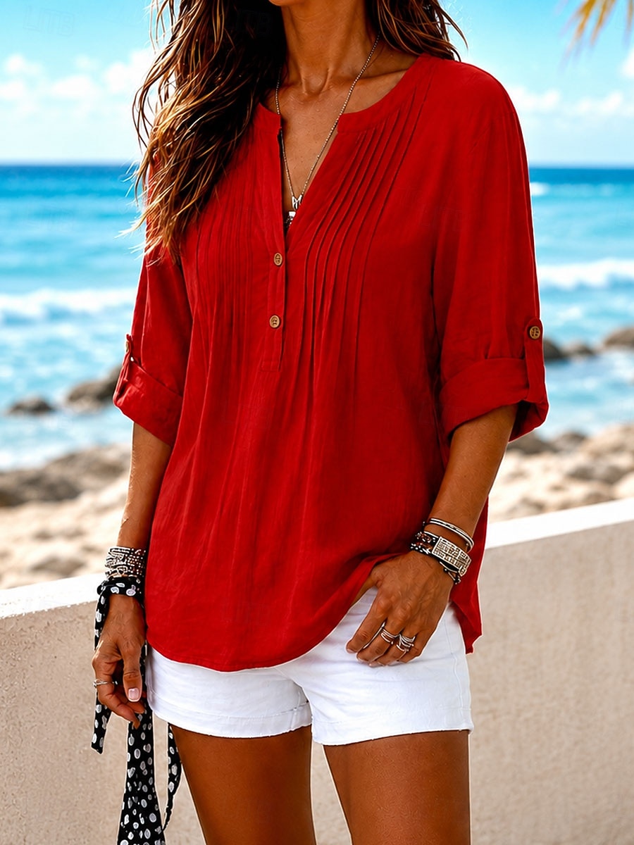 Per donna Camicia di lino Blusa Tinta unica Vintage Elegante Classico Manica Lunga Henry Collar Top Regolari Casuale Quotidiano Rosso Estate Autunno del 2026 a $15.99 –P6
