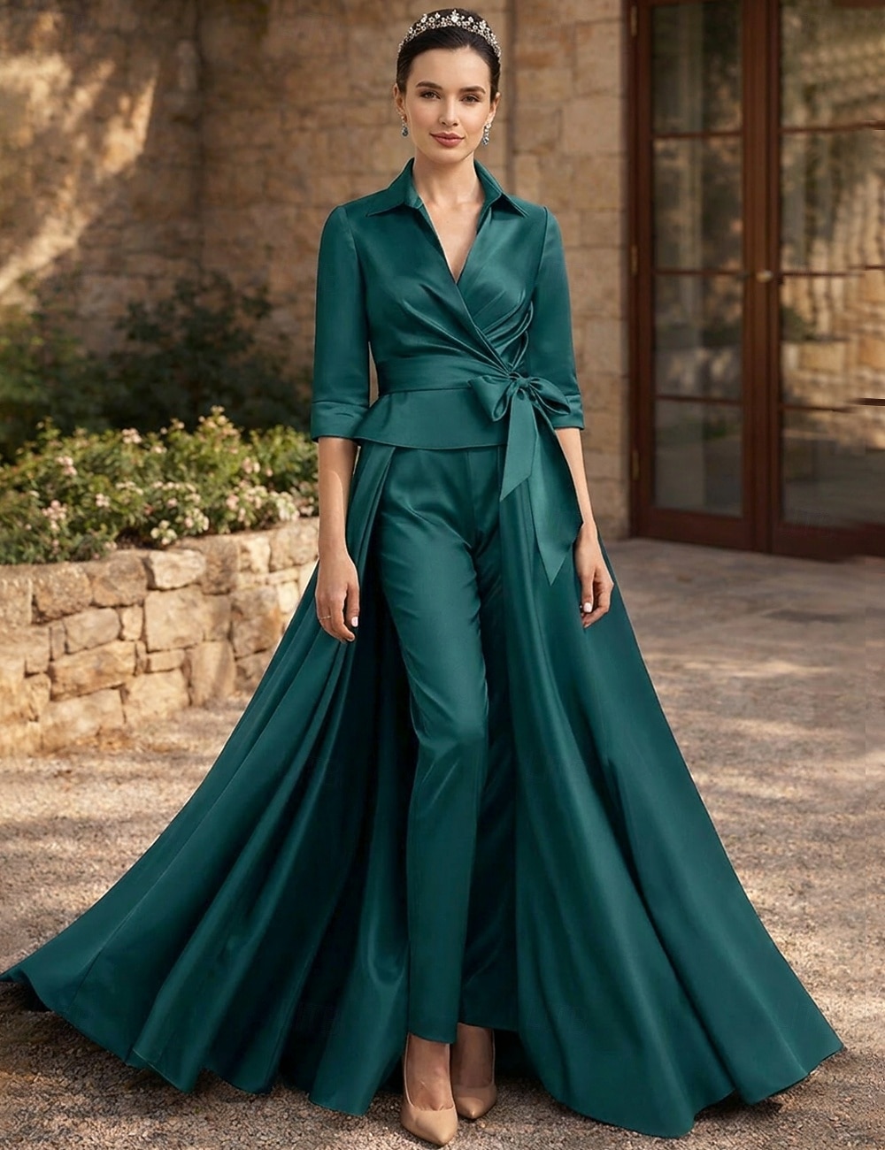 Dos Piezas Traje de pantalón Hasta el Tobillo Vestido de Madrina Media Manga Cuello Camisero Elegante Formal Invitado a la boda Satén con Lazo(s) 2026 - $183.99 –P11