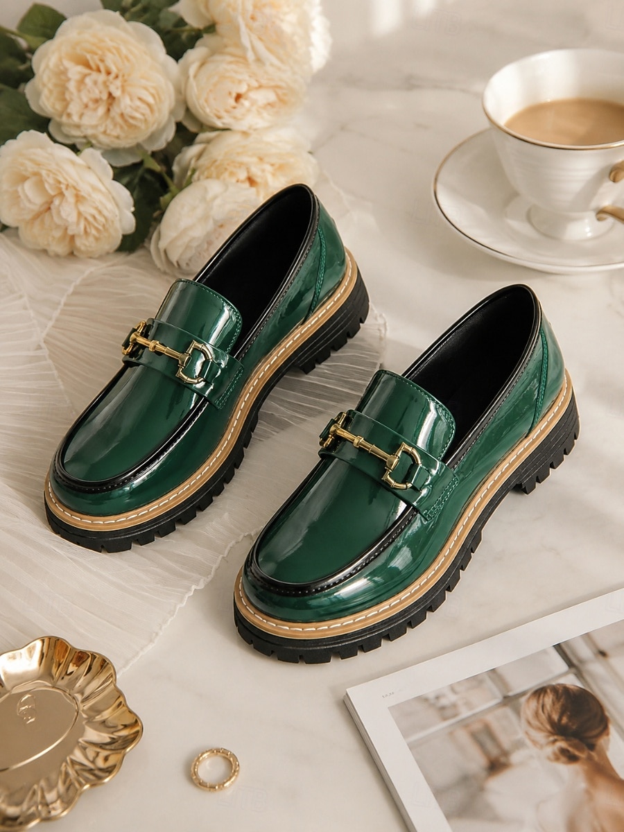 mörkgröna damloafers i lackkonstläder - eleganta horsebit slip-on-skor med låg sula för daglig kontorspendling, professionella arbetskläder 2026 - $29.99 –P3