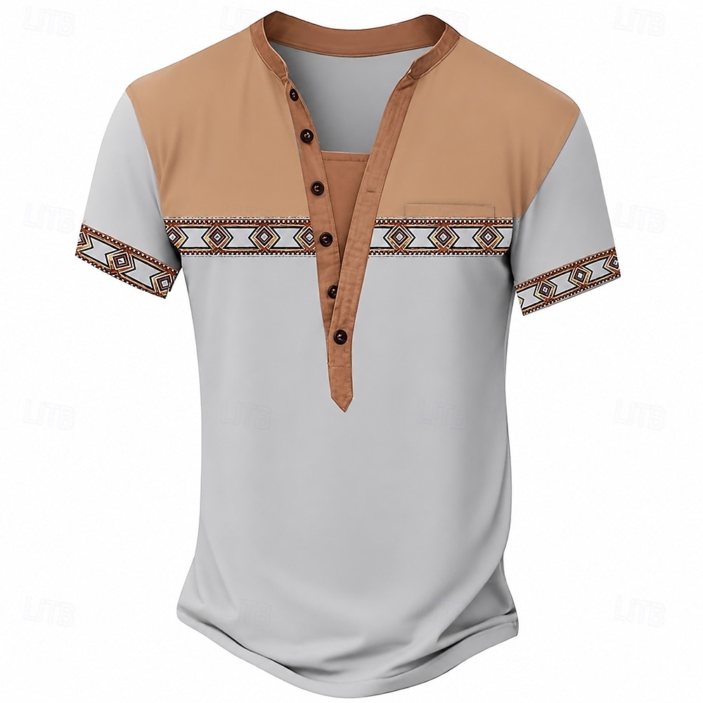 Herren-T-Shirt im Ethno-Stil, Henley-Shirt aus Polyester, Kurzarm, Designer-Basic, Ethno-Look, Outdoor-Casual, Alltag, Sommer, See, Blau, Schwarz, Hellgrün, Dunkelblau, Hellblau, Henley-T-Shirt 2026 - $21.99 –P3