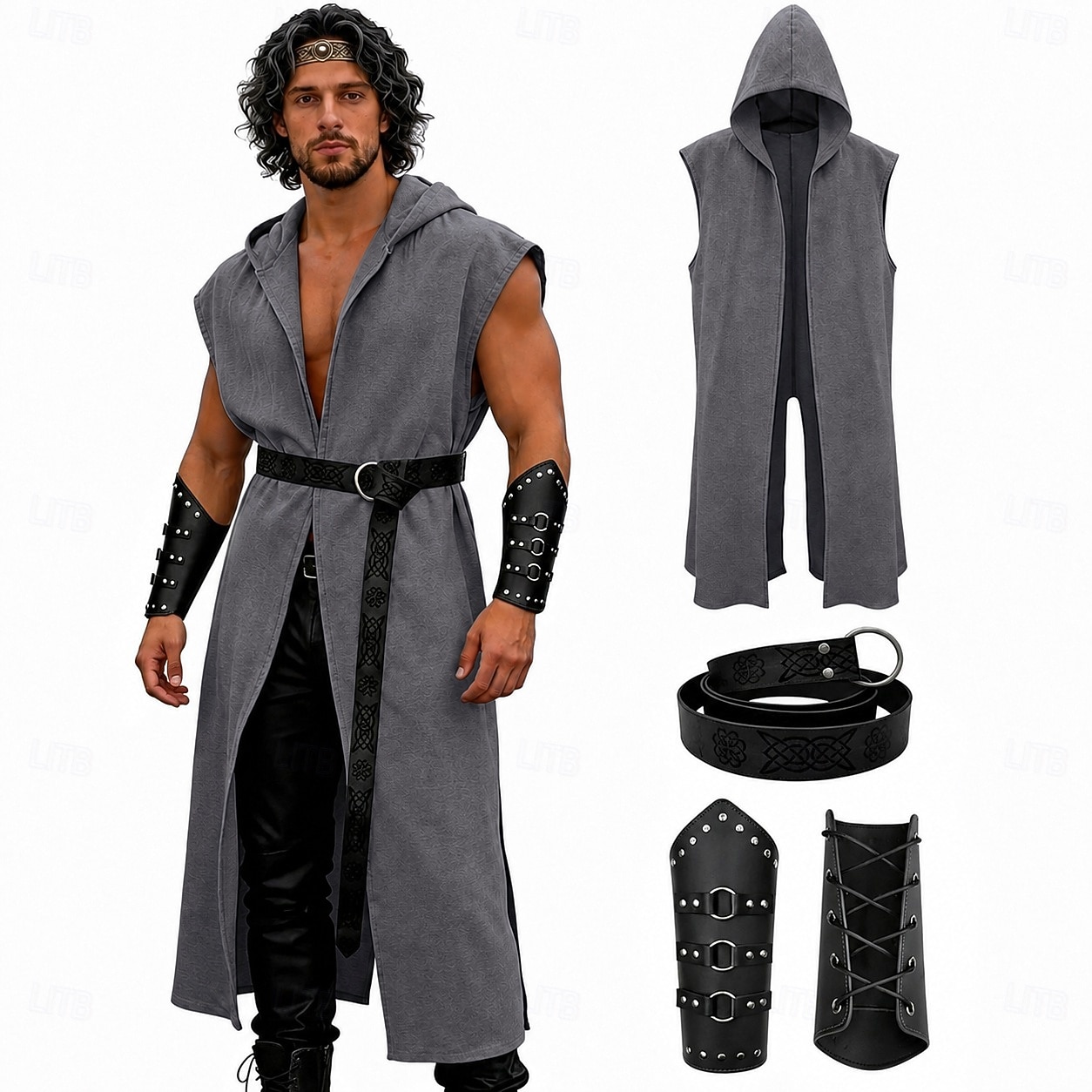 Retro Vintage Medieval Renaissance Waist Belt Hooded Cloak Arm Guards Sleeveless Archer Ranger Solid Color Fancy Dress Men's Fantasy Masquerade Party Renaissance Fair LARP Adults' Cloak Waist Belt 2026 - $47.99 –P3