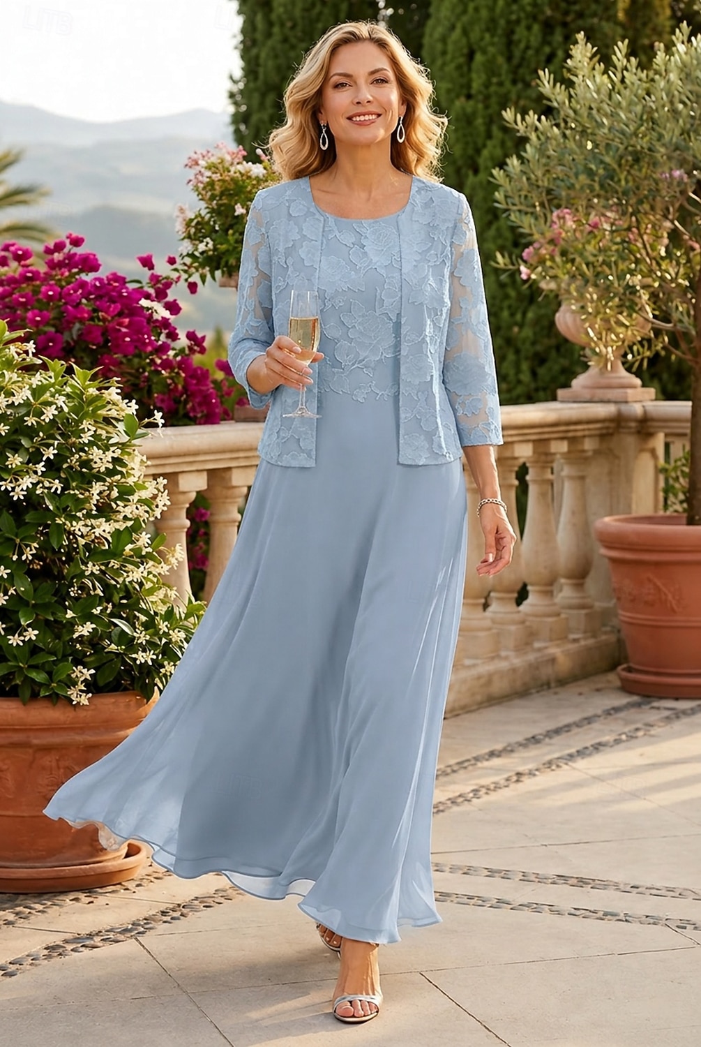 Zweiteilig A-Linie Bodenlang Kleid für Hochzeitsgäste Brautmutterkleid Dreiviertelarm U-Boot-Ausschnitt Elegant Einfach Minimalistisch Formell Hochzeitsgast Chiffon mit Spitze 2026 - $172.99 –P1