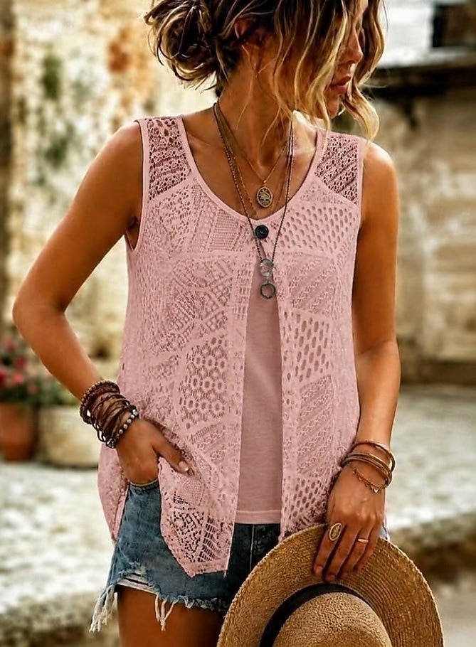 Mulheres Topo de ilhó Renda Renda Ilusão Elegante Boêmia Férias Sem Manga Tops longos Casual Diário Feriado Branco Preto Rosa Cinza + rosa Verão Primavera de 2026 por $21.99 –P4