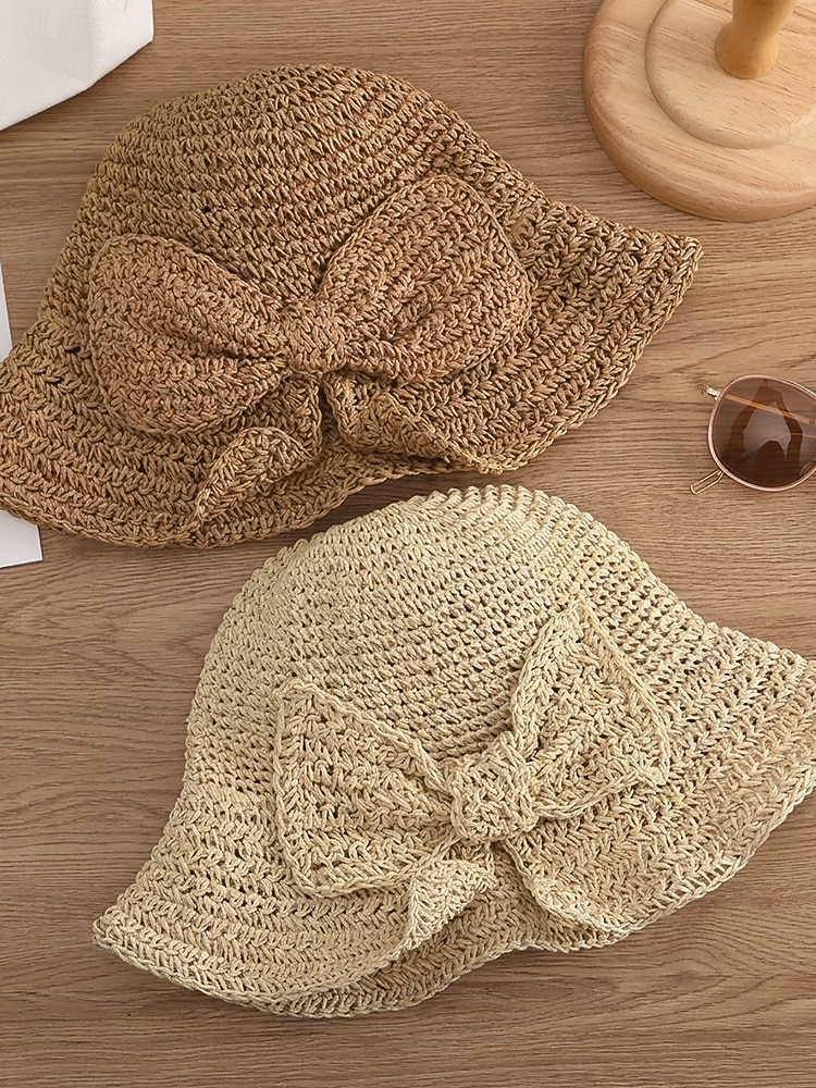 Sombrero de paja plegable estilo boho para mujer con lazo, sombrero de verano tejido y plegable en varios colores para vacaciones en la playa, viajes, fiestas en el jardín, brunch, resort. &uso diario 2026 - $14.99 –P6