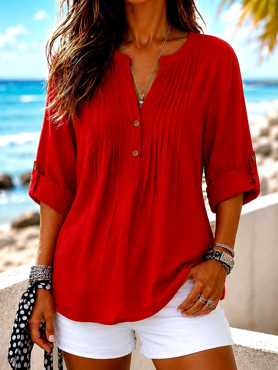 Per donna Camicia di lino Blusa Tinta unica Vintage Elegante Classico Manica Lunga Henry Collar Top Regolari Casuale Quotidiano Rosso Estate Autunno del 2026 a $15.99 –P1