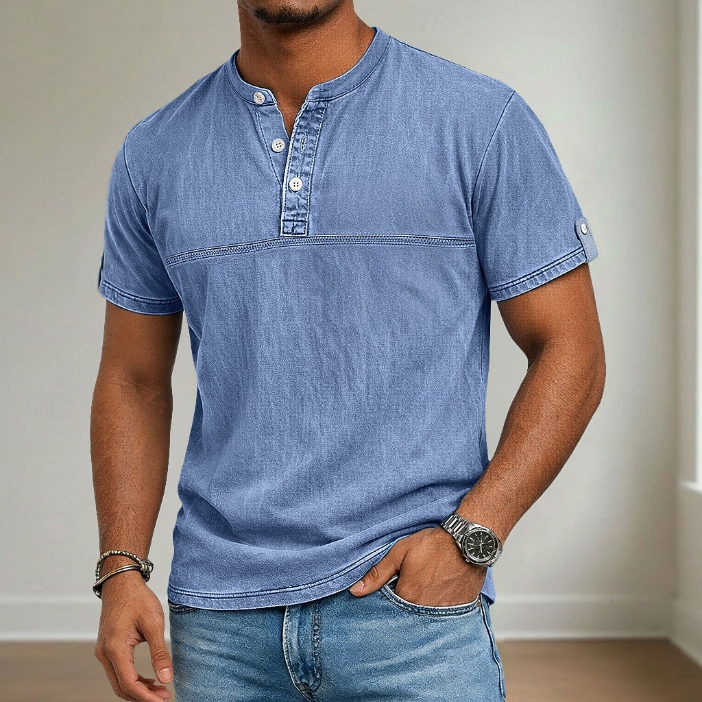 Men's Henley Shirt 100% Cotton Acid Wash Shirt Short Sleeve Henley Summer Spring Fall Plain Retro Vintage Casual Vintage Style Washed Casual Light Blue Dark Brown Black Top Tee for Men 2026 - $31.99 –P3