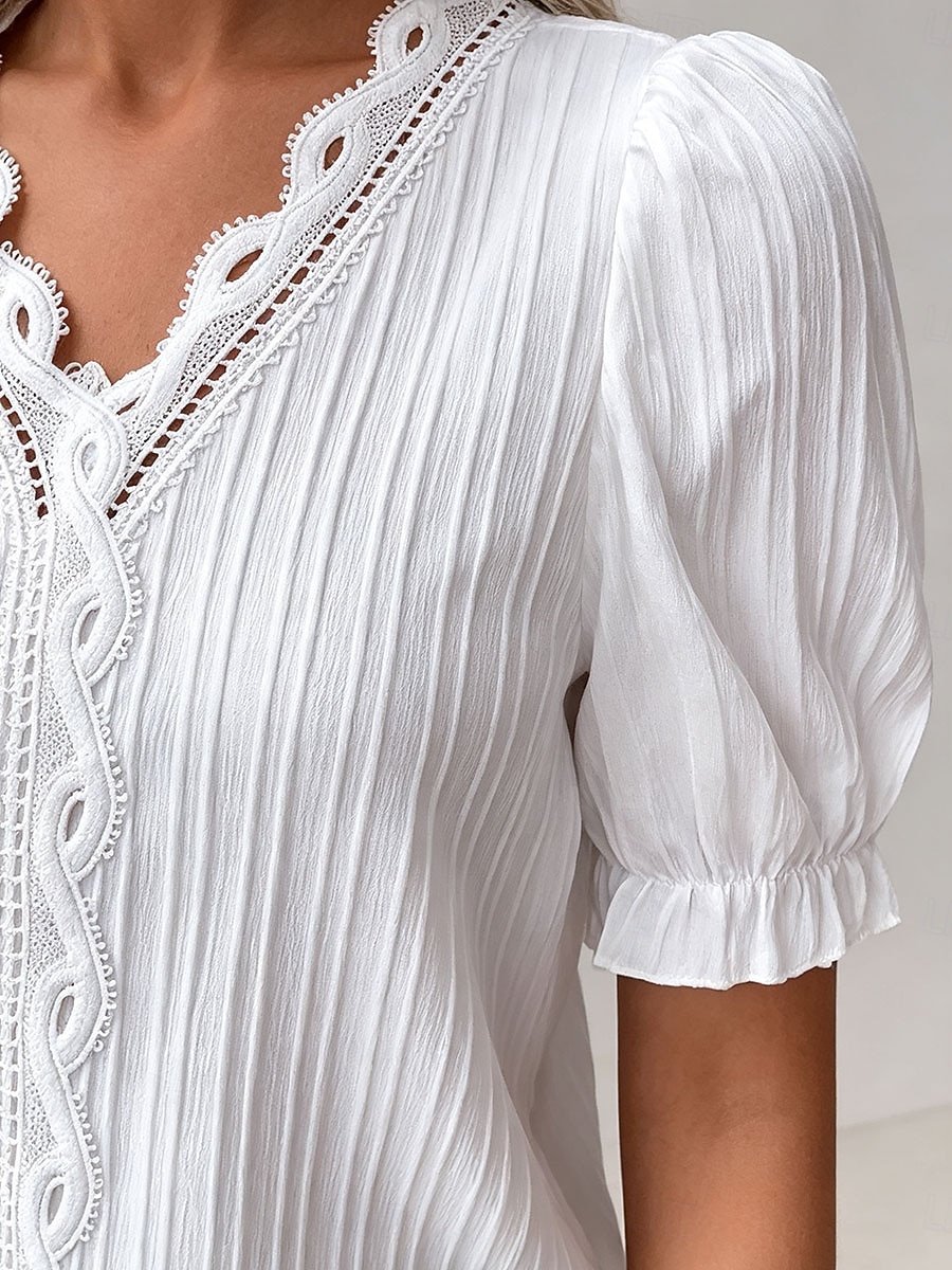 Damen T Shirt T-Shirt Spitze Patchwork Einfach Mode Stilvoll Klassisch Kurzarm V Ausschnitt Normale Oberteile Täglich Ausgehen Wochenende Schwarz Weiß Gelb Himmelblau Purpur Sommer Frühling 2026 - $19.99 –P1
