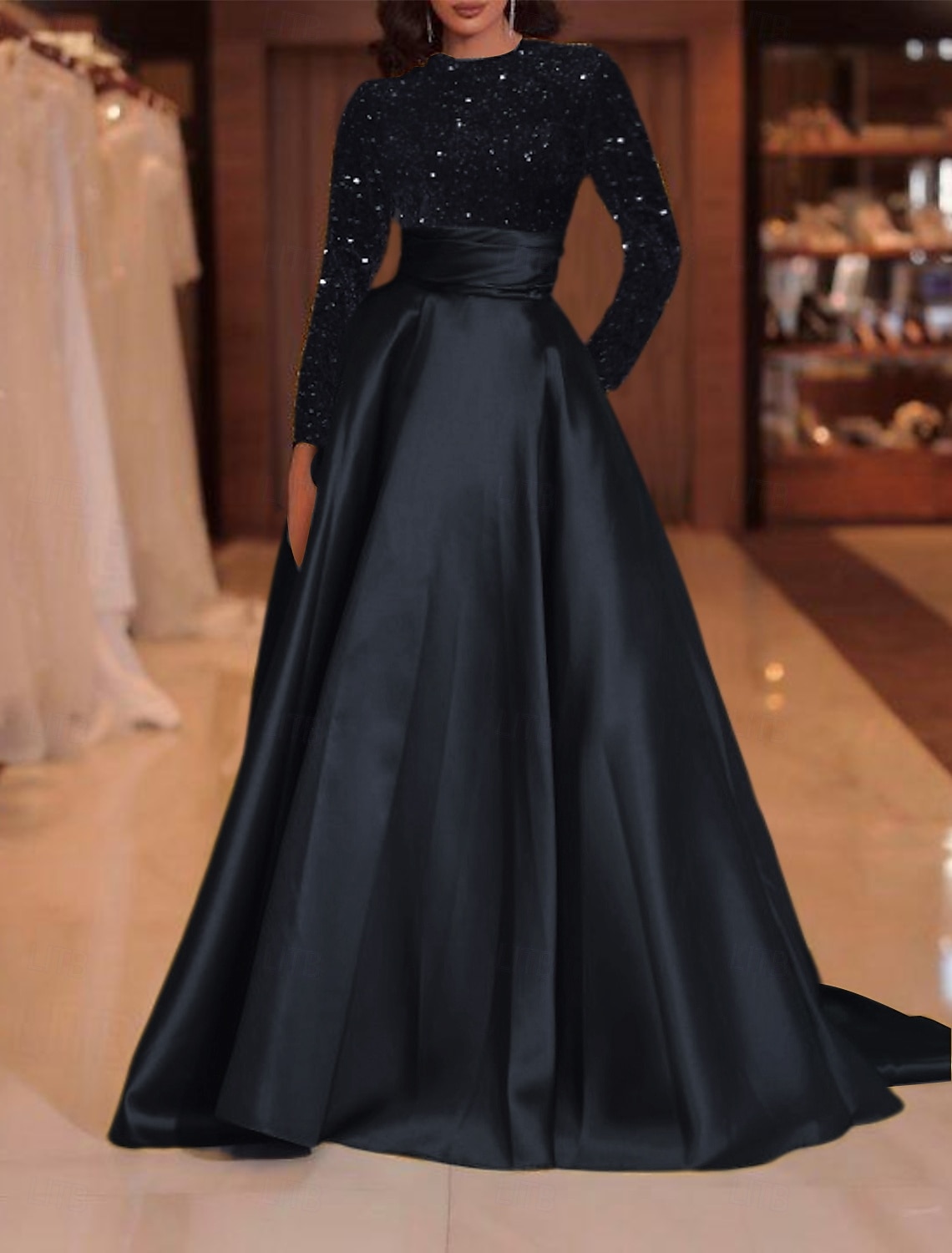 A-Line Court Train Floor Length Evening Gown Ball Gown Formal Dress Elegant Sparkle & Shine Long Sleeve High Neck Evening Party Christmas Fall Wedding Guest Satin Sequined with Sequin 2026 - $137.99 –P12