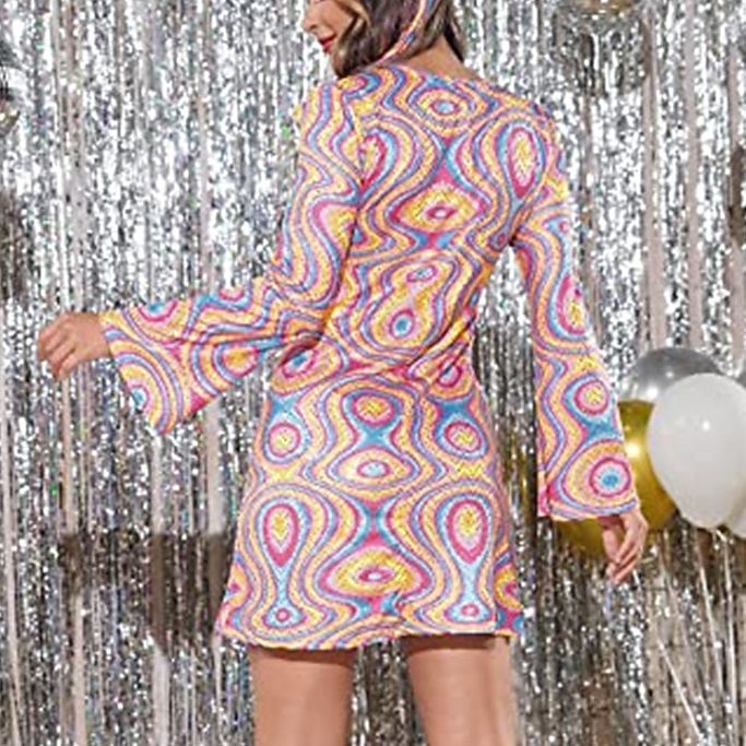Rétro Vintage Hippie Années 1970 Robe Manches Evasées Hippie Géométrique Déguisement Femmes Mascarade Soirée & Fête Défilé de la Fierté Mois des Fiertés Adulte Robe de 2026 ? $30.99 –P4