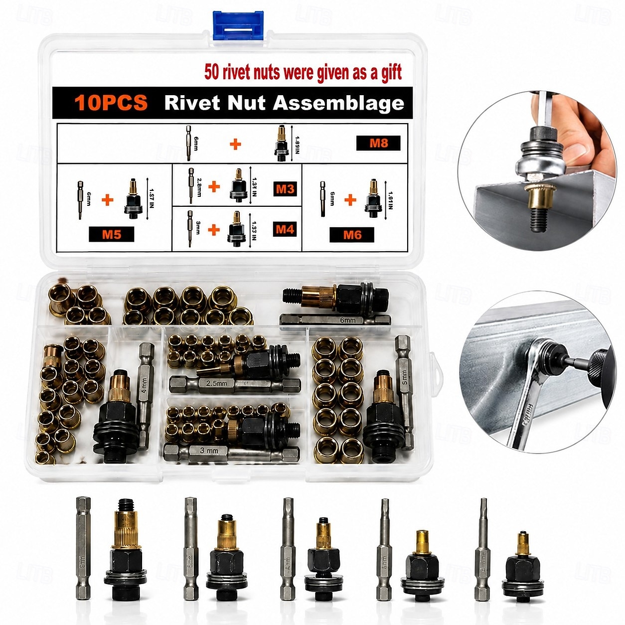 Set di utensili per rivetti in acciaio al carbonio, testa per rivetti, kit di rivetti filettati M3, M4, M5, M6, M8, accessorio per rivettatrice manuale per officine di riparazione auto. del 2026 a $25.99 –P1