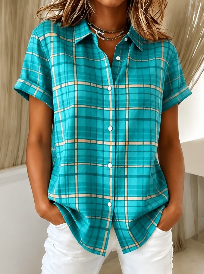 Per donna Camicia Bottoni Stampato Grafico Plaid A righe Vintage Quotidiano Elegante Manica Corta Colletto a Camicia Top lunghi Casuale Quotidiano Rosa Verde Azzurro Estate Primavera del 2026 a $26.99 –P5