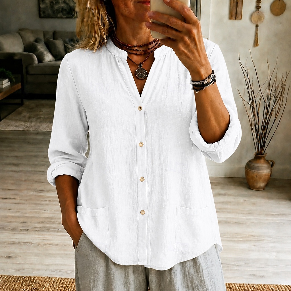 Chemisier à col henley pour femme, coupe ample et décontractée, manches longues, fermeture boutonnée et poches de 2026 ? $26.99 –P4