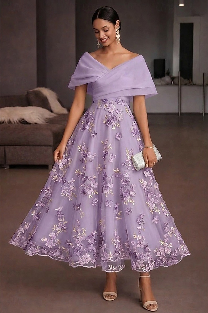 Corte A Hasta el Tobillo Vestidos de coctel Elegante Vintage Floral Manga Corta Hombros Caídos Fiesta de jardin Boda Organdí Tul Espalda desnuda con Estampado flor Flor bordada Plisado 2026 - $182.99 –P10