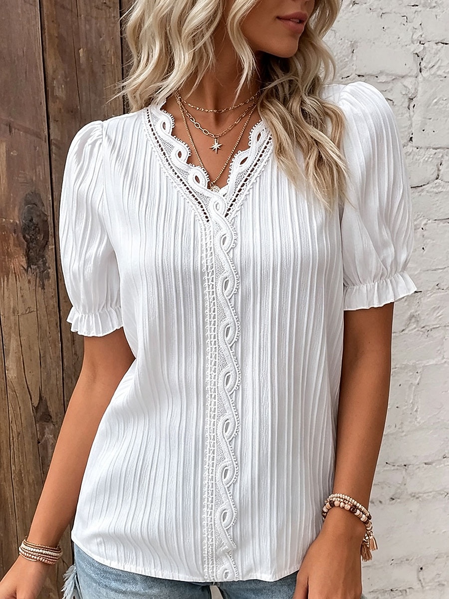 Damen T Shirt T-Shirt Spitze Patchwork Einfach Mode Stilvoll Klassisch Kurzarm V Ausschnitt Normale Oberteile Täglich Ausgehen Wochenende Schwarz Weiß Gelb Himmelblau Purpur Sommer Frühling 2026 - $19.99 –P3