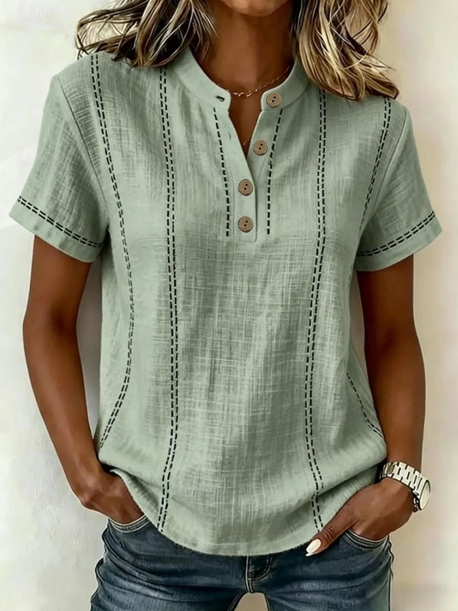 Femmes Chemises en coton et lin Chemisier Graphique Rayé ancien Élégant Basique Manche Courte Col en V Hauts Réguliers Occasionnel Quotidien Bleu Blanche Rose Claire Vert Été Printemps de 2026 ? $28.99 –P8