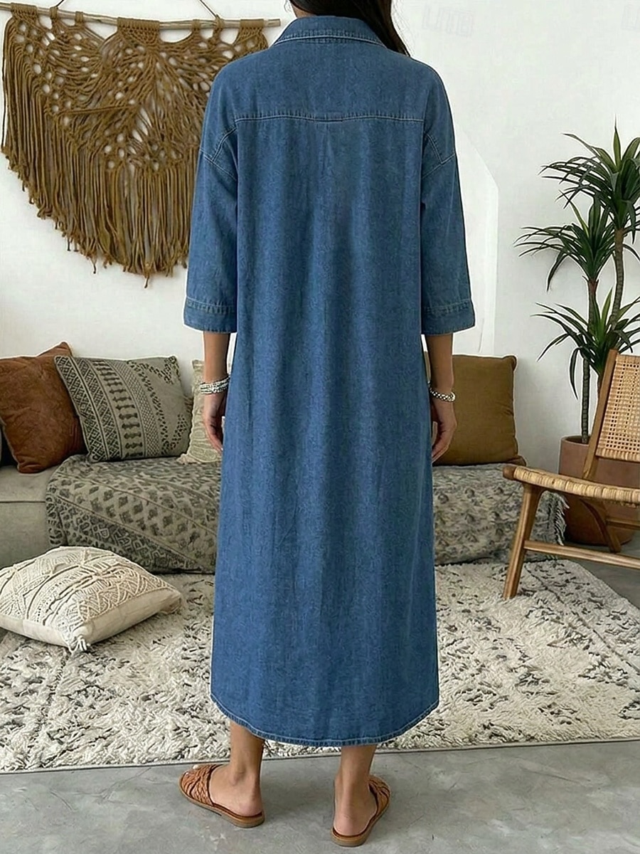 Naisten Midimekko Huppari mekko Farkkumekko Vintage Päivittäin Loose Fit Tavallinen 3/4 hiha Paitapuserokaula-aukko Sininen Vaalean sininen Syksy 2026 - $44.99 –P3