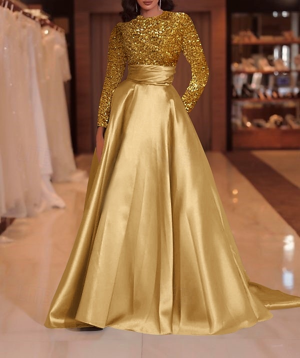 A-Line Court Train Floor Length Evening Gown Ball Gown Formal Dress Elegant Sparkle & Shine Long Sleeve High Neck Evening Party Christmas Fall Wedding Guest Satin Sequined with Sequin 2026 - $137.99 –P11