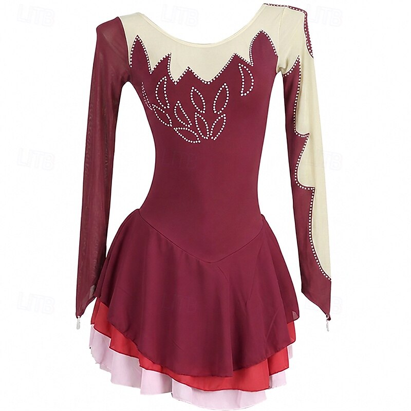 Figure Skating Dress Women's Girls' Ice Skating Dress Burgundy Patchwork Open Back Mesh High Elasticity Training Competition Skating Wear Classic Long Sleeve Ice Skating Figure Skating 2026