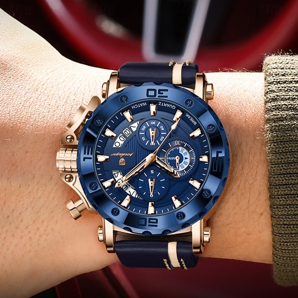 POEDAGAR Heren Quartz Horloge Leren Band Luminous Wijzers Chronograaf Datumweergave Zakelijk Dress Gouden Kleur Horloge voor Heren Kerst Verjaardag Jubileum Cadeau voor Heren Dagelijks Zakelijk 2026 - $38.99 –P4