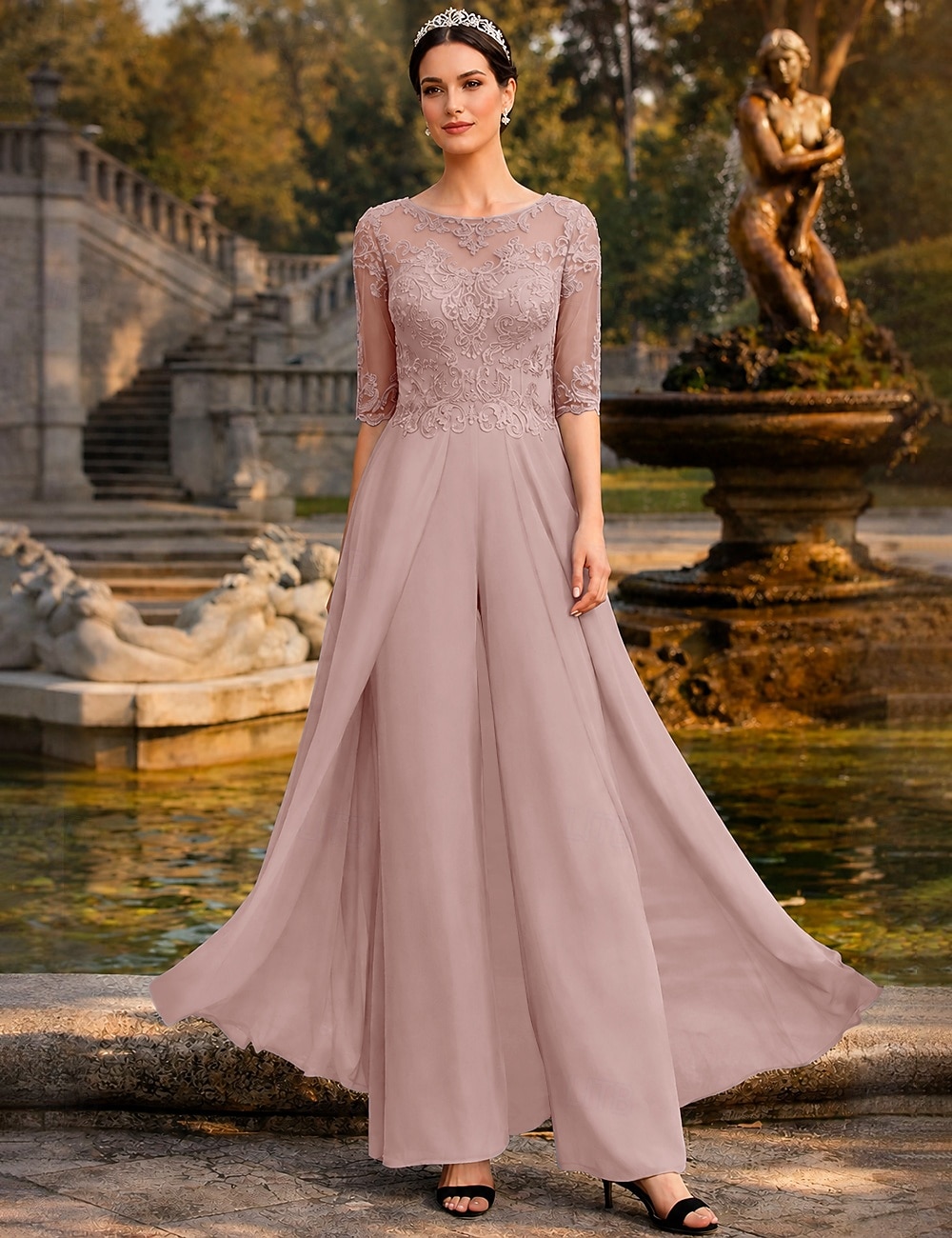 Two Piece Pantsuit Floor Length Mother of the Bride Dress Half Sleeve Bateau Neck Elegant Petite Wedding Guest Church Chiffon Lace with Appliques 2026