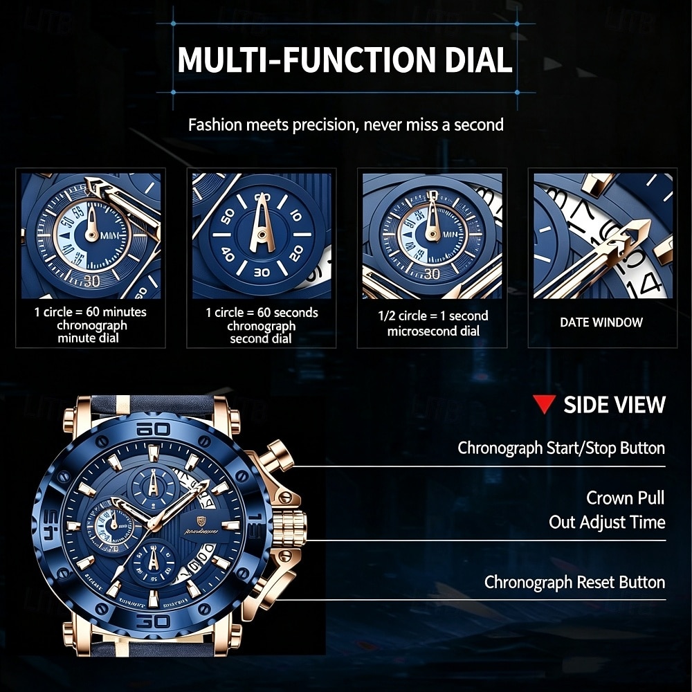 POEDAGAR Heren Quartz Horloge Leren Band Luminous Wijzers Chronograaf Datumweergave Zakelijk Dress Gouden Kleur Horloge voor Heren Kerst Verjaardag Jubileum Cadeau voor Heren Dagelijks Zakelijk 2026 - $38.99 –P9