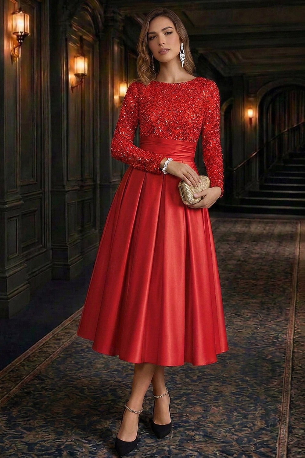 Wedding Dress Red Tea Length Dresses With Sleeves A-Line Tea Length Cocktail Dresses Party Dresses