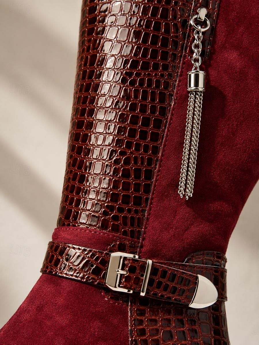 Women's Burgundy Croc Trim Knee-High Boots, Side Zipper Metal Tassel Buckle Tall Boots, Retro Faux Suede Boots for City Street Commute, Country Farm Trips, Travel Sightseeing & Coffee Shop Dates 2026 - $42.99 –P3