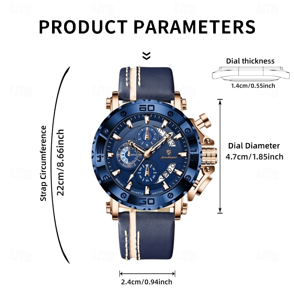 POEDAGAR Heren Quartz Horloge Leren Band Luminous Wijzers Chronograaf Datumweergave Zakelijk Dress Gouden Kleur Horloge voor Heren Kerst Verjaardag Jubileum Cadeau voor Heren Dagelijks Zakelijk 2026 - $38.99 –P10