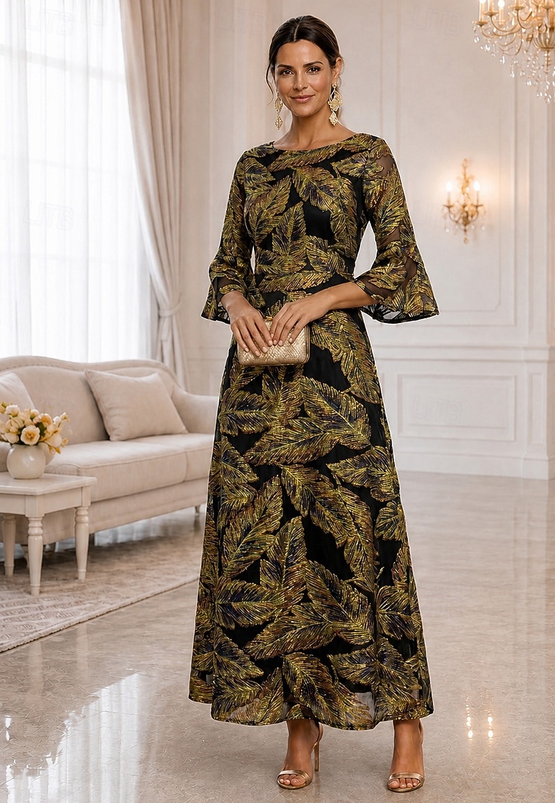 mother of the bride ankle length dresses A-Line Dress Dress 3/4 Length Sleeve Boat Neck Elegant Luxurious Floral Formal Wedding Guest Semi Formal Chiffon Organza Metallic Fabric with Cascading Ruffles 2026 Color:LakrGreen With an ankle 50halloween25 90s Versace Dress Black