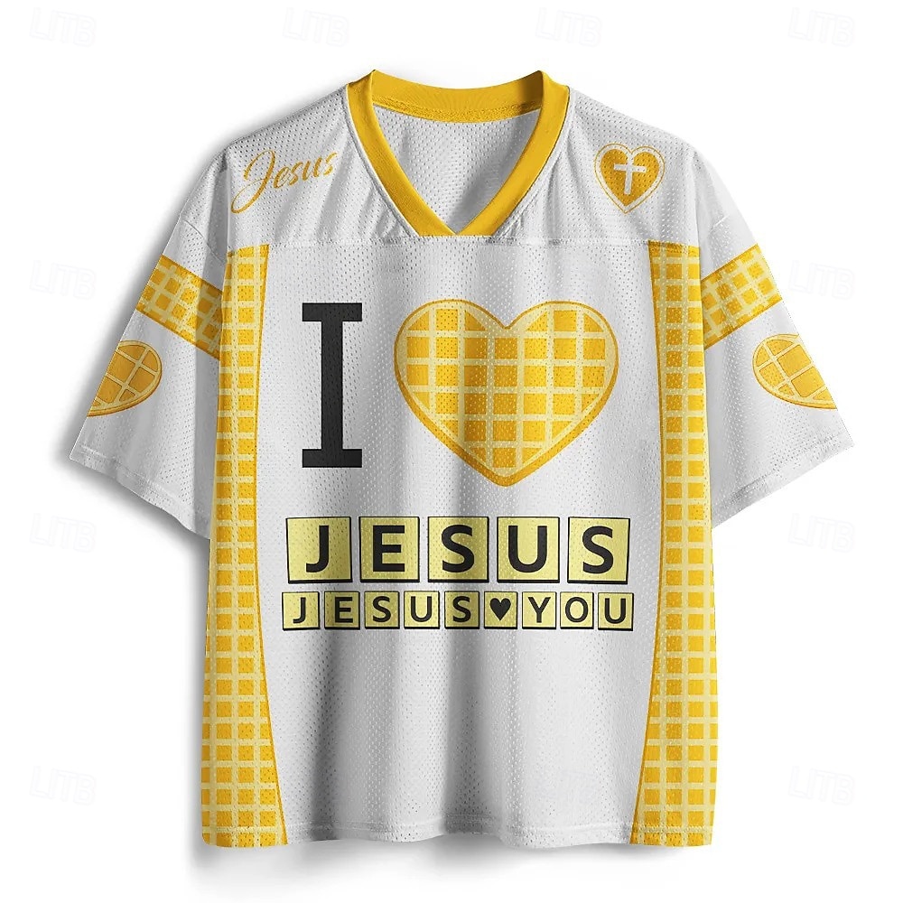 Men's Religious I Love Jesus Waffle Heart Yellow Mesh V-Neck T-Shirt ...
