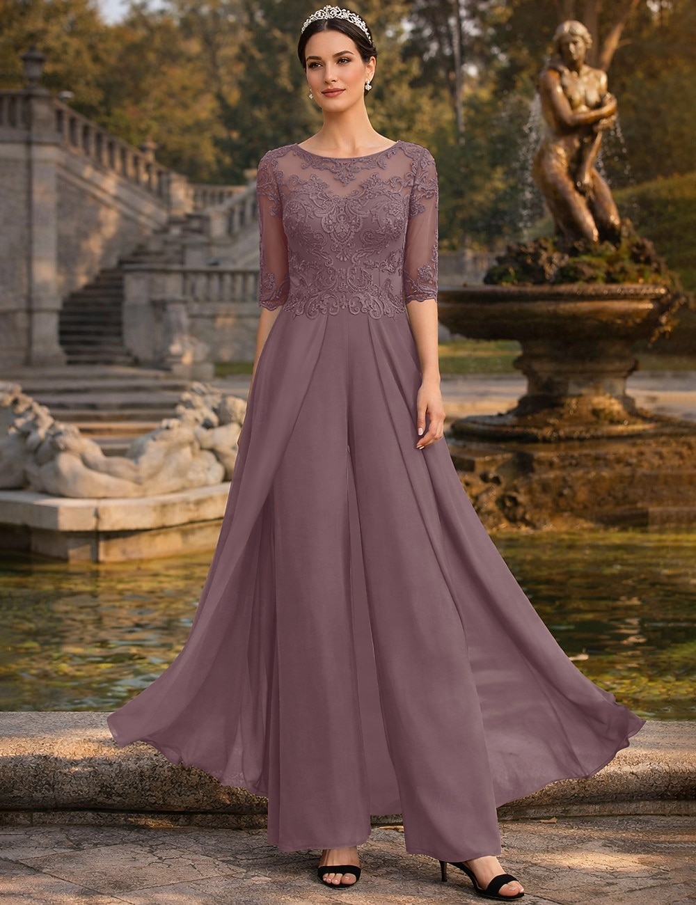 Two Piece Pantsuit Floor Length Mother of the Bride Dress Half Sleeve Bateau Neck Elegant Petite Wedding Guest Church Chiffon Lace with Appliques 2026