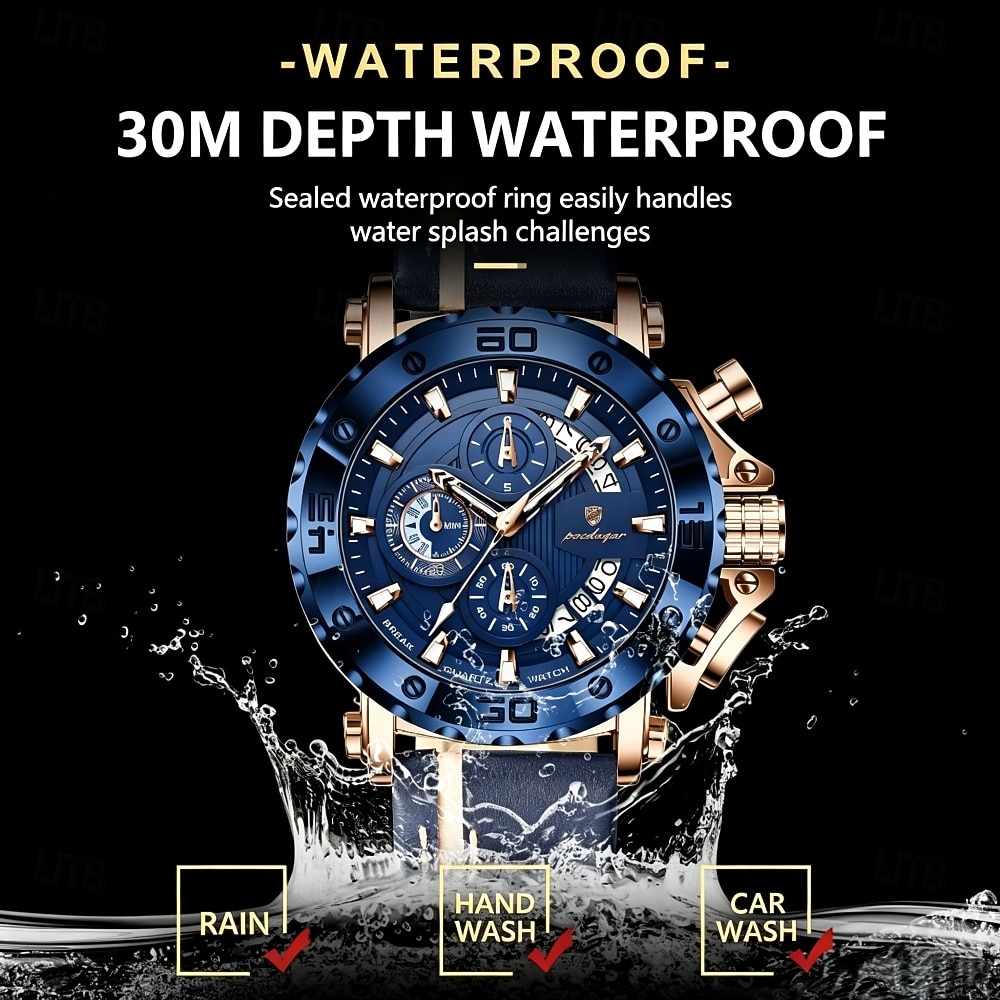 POEDAGAR Heren Quartz Horloge Leren Band Luminous Wijzers Chronograaf Datumweergave Zakelijk Dress Gouden Kleur Horloge voor Heren Kerst Verjaardag Jubileum Cadeau voor Heren Dagelijks Zakelijk 2026 - $38.99 –P5