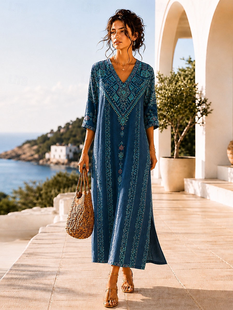 blue bohemia dress Women's Maxi Boho Dress Shift Dress Sundress Beach Dress Vacation Ethnic Beach Holiday Date Graphic Leopard Abstract 3/4 Length Sleeve V at once elongated but