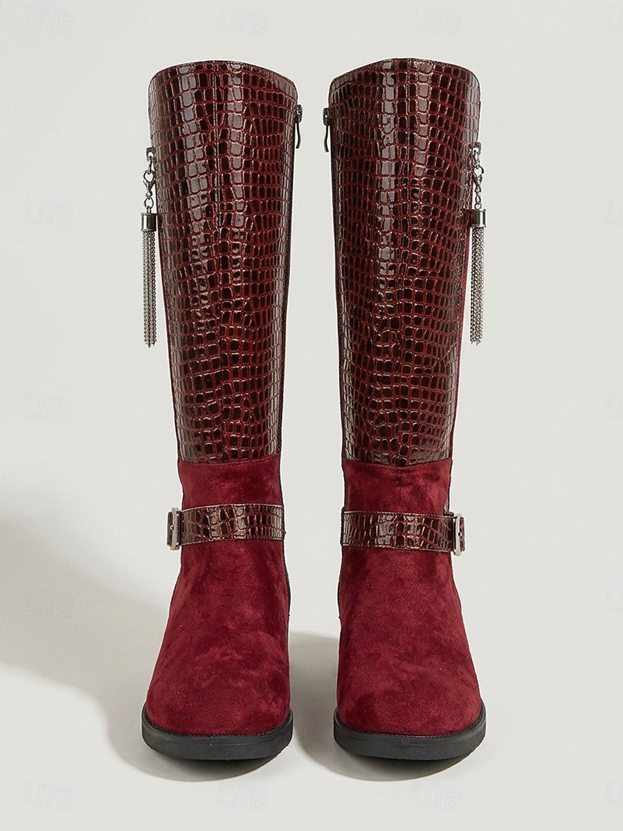 Women's Burgundy Croc Trim Knee-High Boots, Side Zipper Metal Tassel Buckle Tall Boots, Retro Faux Suede Boots for City Street Commute, Country Farm Trips, Travel Sightseeing & Coffee Shop Dates 2026 - $42.99 –P2