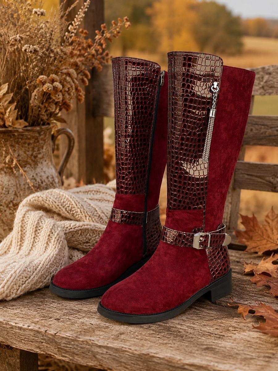 Women's Burgundy Croc Trim Knee-High Boots, Side Zipper Metal Tassel Buckle Tall Boots, Retro Faux Suede Boots for City Street Commute, Country Farm Trips, Travel Sightseeing & Coffee Shop Dates 2026 - $42.99 –P1