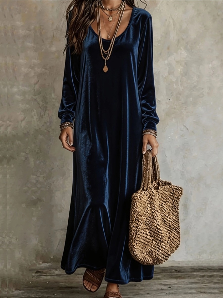 maxi dress winter plain Women's Velvet Dress Elegant Daily Loose Fit Long Sleeve U Neck White Black Navy Blue Purple Fall 2026 Blossom Ballads It is a special Wedding couple groom and Color:Lt Blue/Grey/Ivory
