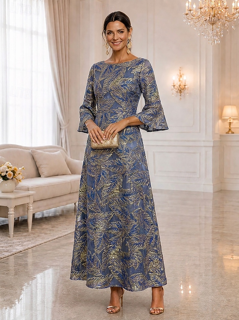 A-Line Dress Ankle Length Mother of the Bride Dress 3/4 Length Sleeve Boat Neck Elegant Luxurious Floral Formal Wedding Guest Semi Formal Chiffon Organza Metallic Fabric with Cascading Ruffles 2026