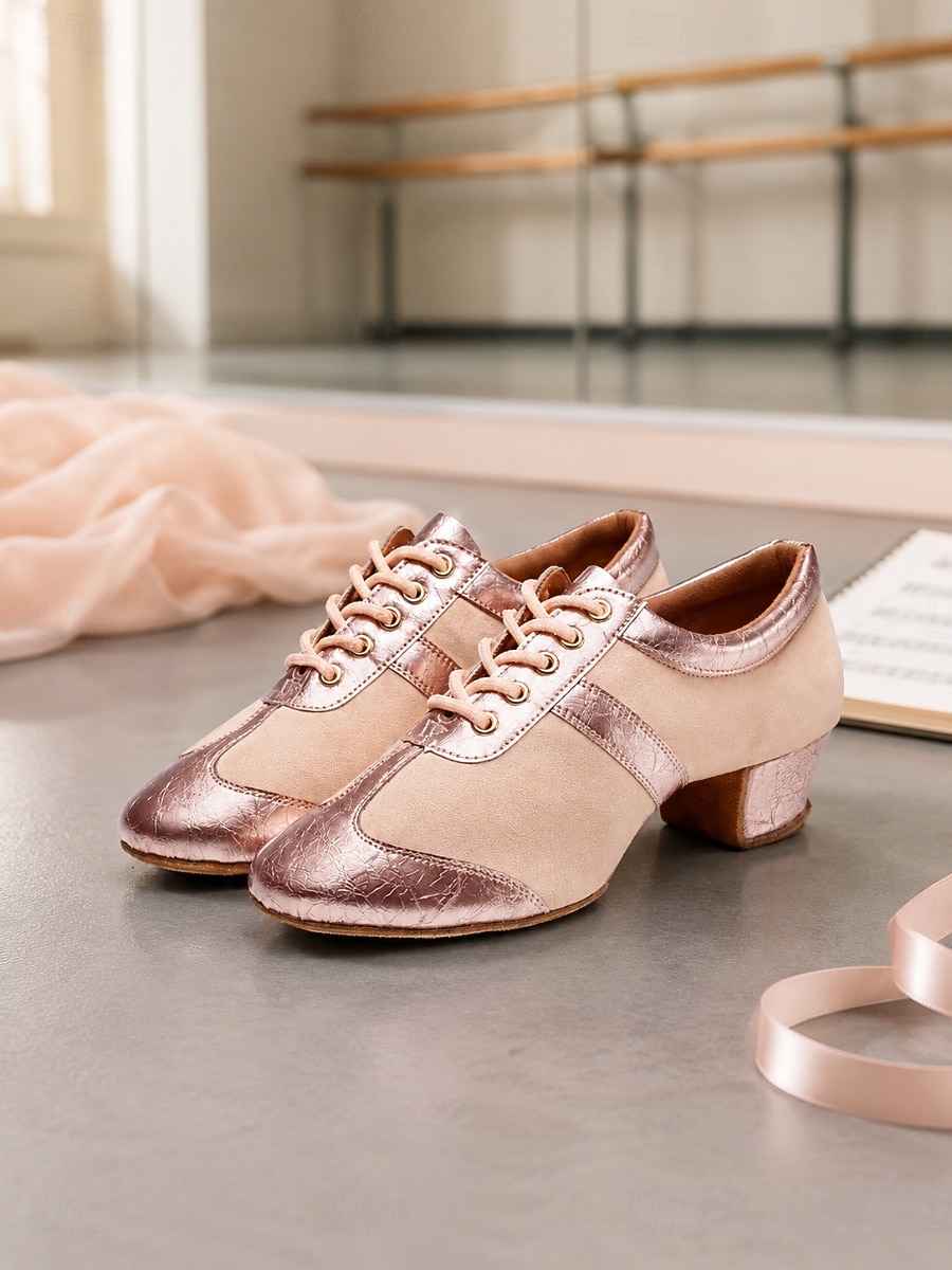 Women's Rose Gold Spliced Lace-Up Jazz Character Dance Shoes, Microbial Leather Soft Practice Dance Shoes,Low Heel Suede Leather Sole Footwear for Modern Dance Stage Performance & Daily Training 2026