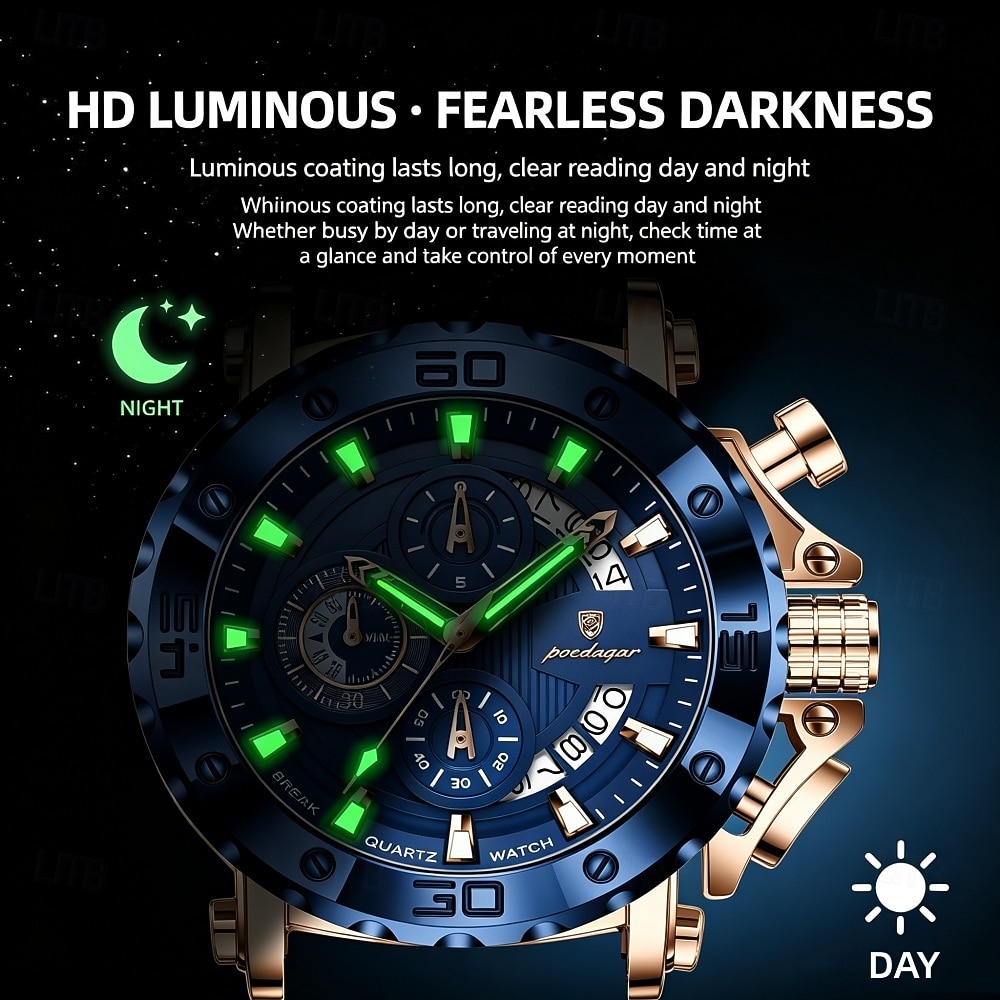 POEDAGAR Heren Quartz Horloge Leren Band Luminous Wijzers Chronograaf Datumweergave Zakelijk Dress Gouden Kleur Horloge voor Heren Kerst Verjaardag Jubileum Cadeau voor Heren Dagelijks Zakelijk 2026 - $38.99 –P6