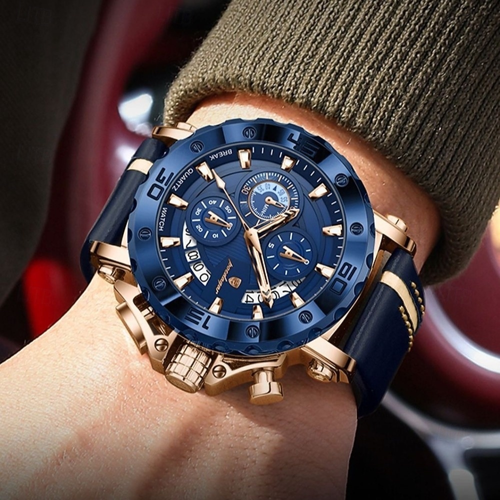 POEDAGAR Heren Quartz Horloge Leren Band Luminous Wijzers Chronograaf Datumweergave Zakelijk Dress Gouden Kleur Horloge voor Heren Kerst Verjaardag Jubileum Cadeau voor Heren Dagelijks Zakelijk 2026 - $38.99 –P3