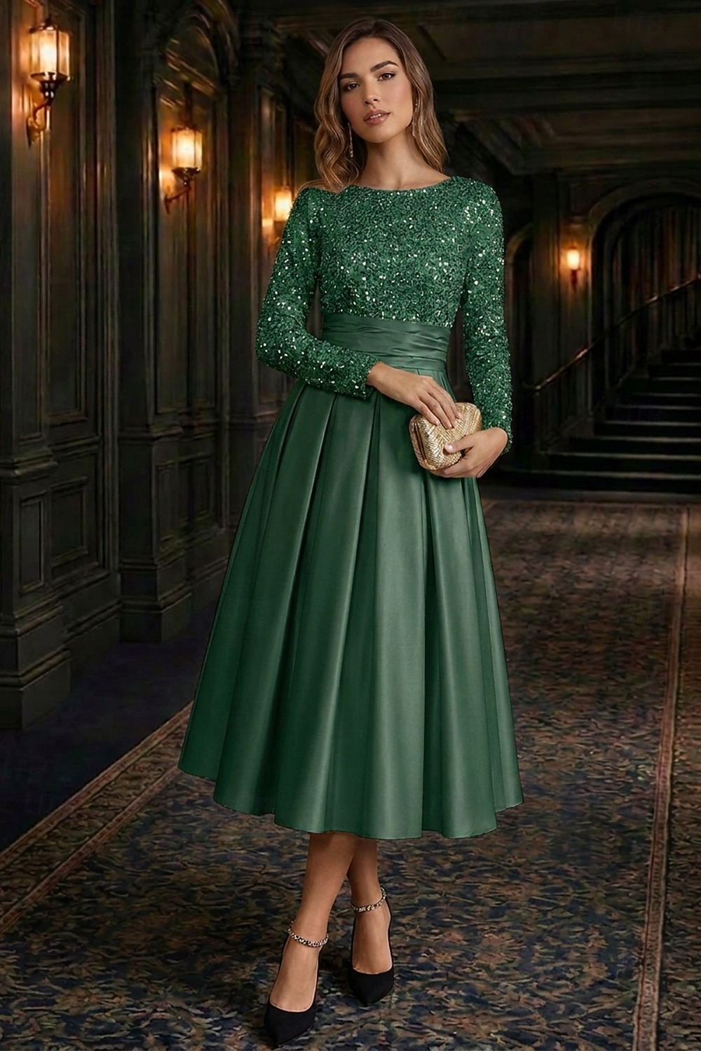 A-Line Tea Length Cocktail Dresses Party Dresses Elegant Sparkle Long Sleeve Crew Neck Christmas Wedding Guest Satin Velvet with Pleats Sequin 2026