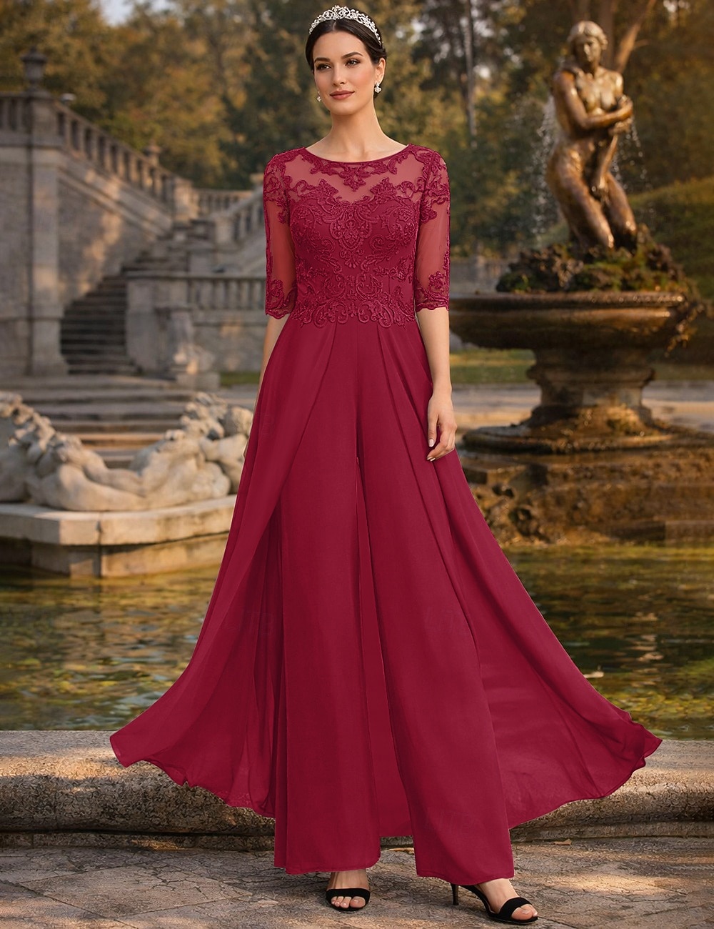 petite burgundy mother of the bride dress Two Piece Jumpsuit Pantsuit Floor Length Half Sleeve Bateau Neck Elegant Wedding Guest Church Chiffon with Appliques 2026 Dressing Table Size:1/25 Celebration Red Dress With versatile dress is just