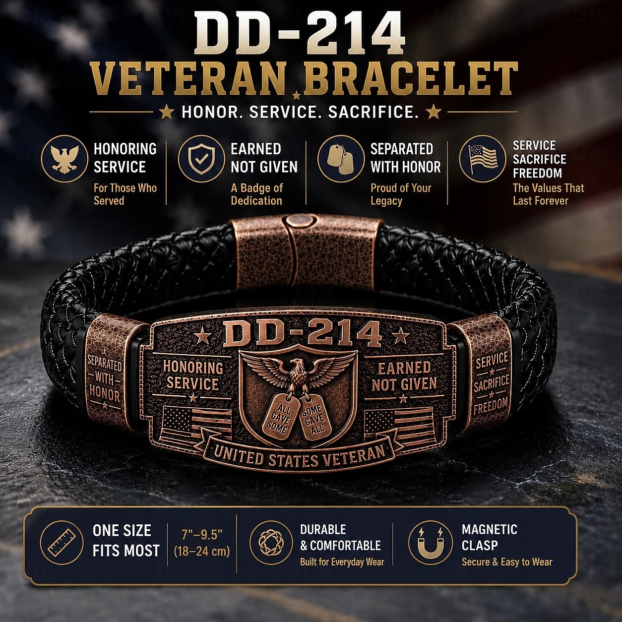 Brățară de onoare pentru veterani dd-214 pentru bărbați, brățară din piele împletită cu omagiu adus serviciului militar al Statelor Unite, cu emblemă antică din cupru și încuietoare magnetică, cadou 2026 - $22.99 –P2