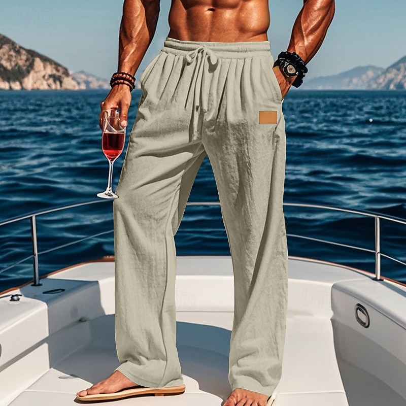 Men's Linen Pants Trousers Summer Pants Beach Pants Drawstring Elastic Waist Straight Leg Plain Comfort Breathable Full Length Outdoor Holiday Beach Vacation Fashion Black White 2026 - $24.99 –P11