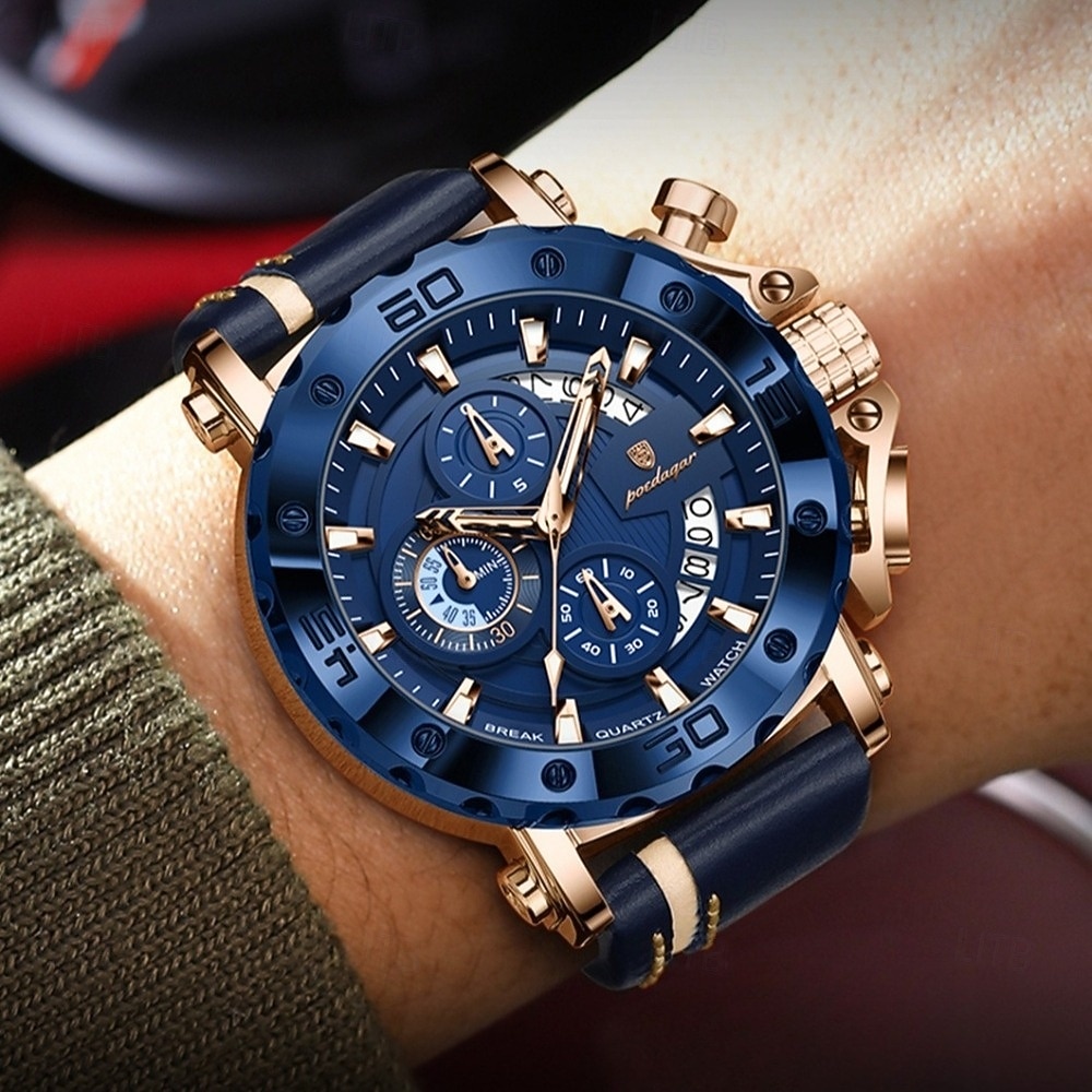 POEDAGAR Heren Quartz Horloge Leren Band Luminous Wijzers Chronograaf Datumweergave Zakelijk Dress Gouden Kleur Horloge voor Heren Kerst Verjaardag Jubileum Cadeau voor Heren Dagelijks Zakelijk 2026 - $38.99 –P1
