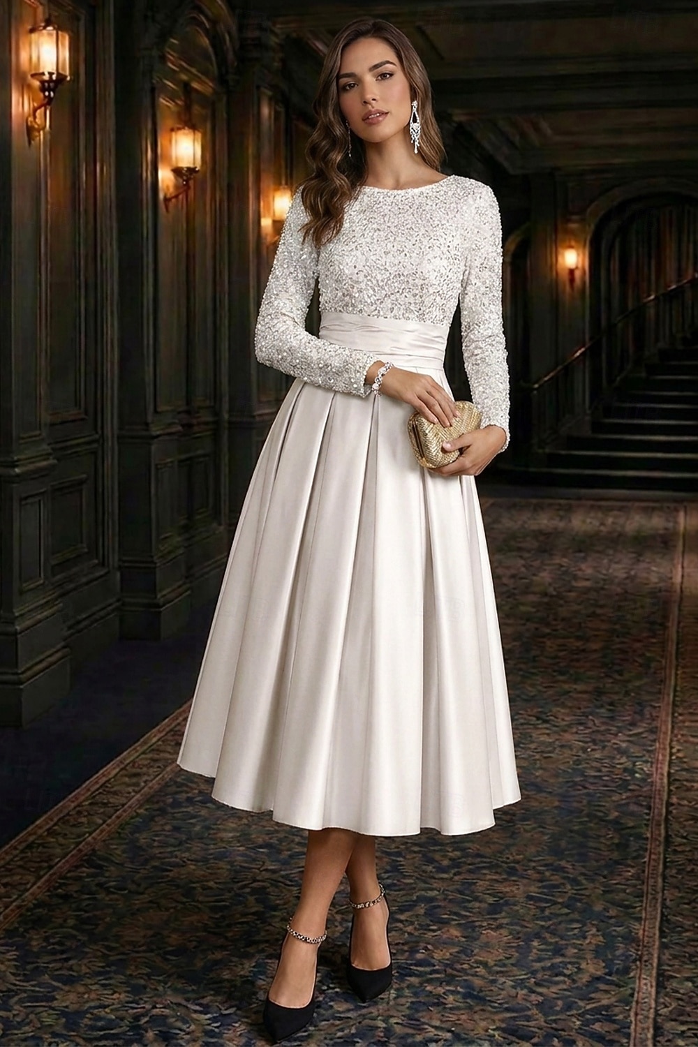 elegant christmas party dresses long sleeve A-Line Tea Length Cocktail Dresses Sparkle Crew Neck Wedding Guest Satin Velvet with Pleats Sequin 2026 Velvet dress
