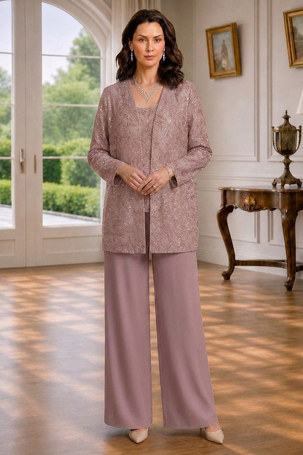 formal dress pajamas 3 Piece Pantsuit Floor Length Beaded Eembroidered Dresses Mother of the Bride Mother of Champagne Bridesmaids Dresses
