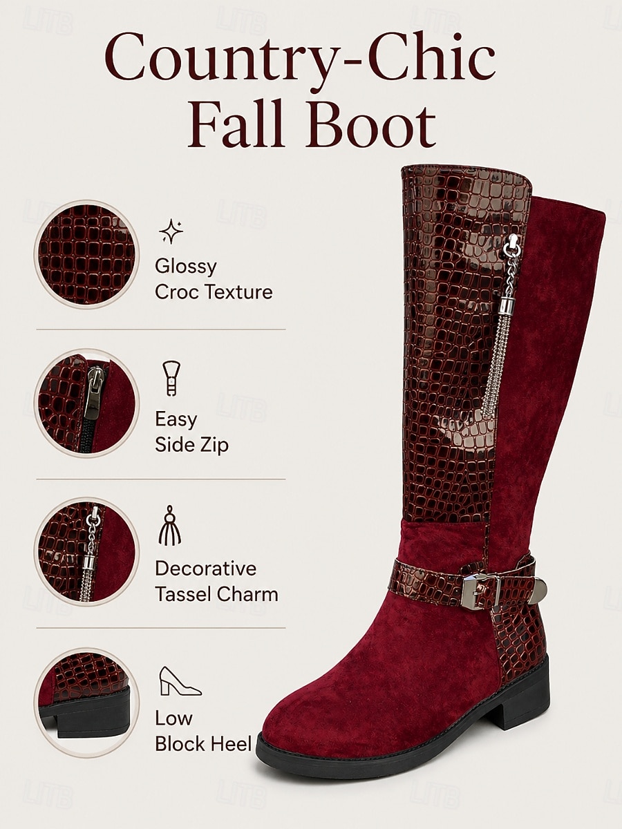 Women's Burgundy Croc Trim Knee-High Boots, Side Zipper Metal Tassel Buckle Tall Boots, Retro Faux Suede Boots for City Street Commute, Country Farm Trips, Travel Sightseeing & Coffee Shop Dates 2026 - $42.99 –P4