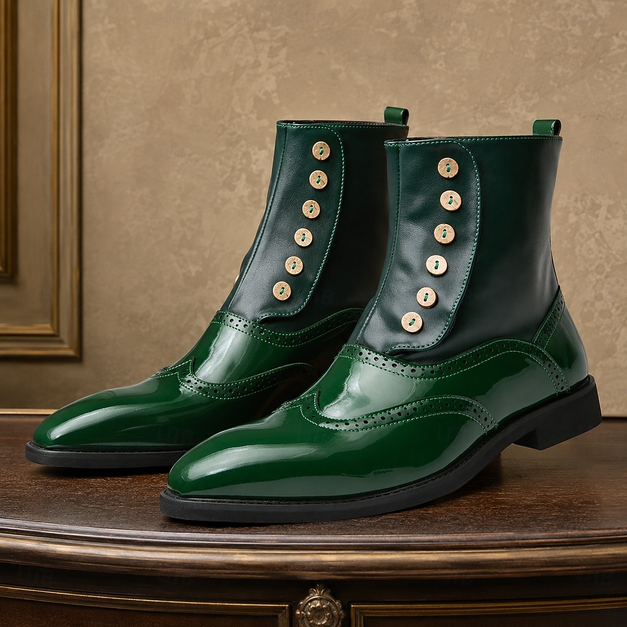 Men's Green Patent Leather Ankle Boots, Brogue Button Detail Pointed-Toe Dress Boots for Fashionable Men, Parties, Weddings and Evening Events 2026